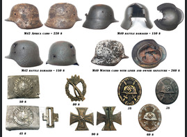 World War II helmets, buckles and badges for sale!