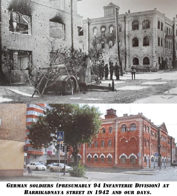 German soldiers (presumably 94 Infanterie Division) at Barrikadnaya street in 1942 and our days. German soldiers (presumably 94 Infanterie Division) at Barrikadnaya street in 1942 and our days.