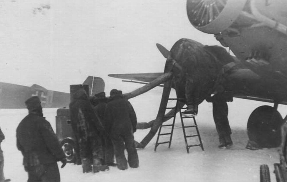 Warming up engines of Ju-52 with the help of an air heater at Pitomnik airfield. January 1943