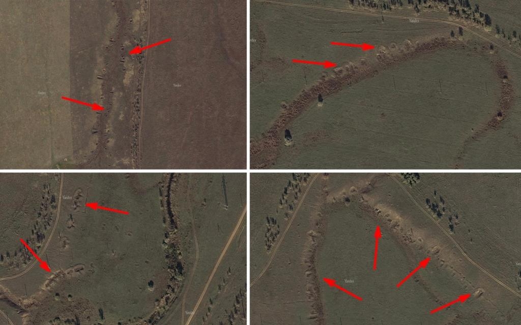 Images of trenches and dugouts surrounding the village of Rossoshka. The arrows point out the areas that are visible to this day. Images of trenches and dugouts surrounding the village of Rossoshka. The arrows point out the areas that are visible to this day.