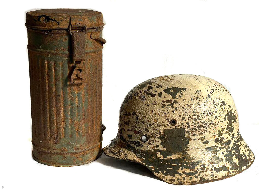 Winter camo German helmet M40 + gasmask canister / from Stalingrad
